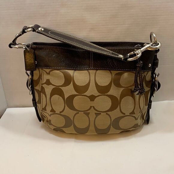 Coach brown leather & fabric shoulder bag in excellent & clean condition - Picture 1 of 12